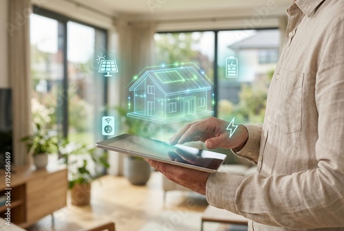 Smart home control with renewable energy and solar panel system managed on tablet inside modern house