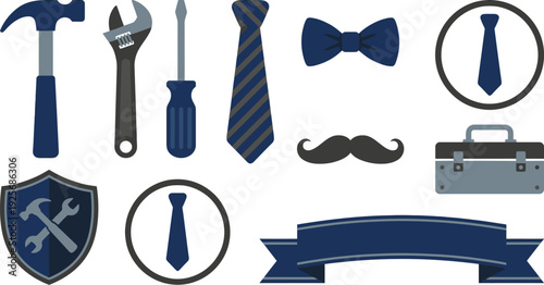 Navy Blue Father's Day Handyman Icons - Tools, Necktie and Gentleman Mustache Vector Set