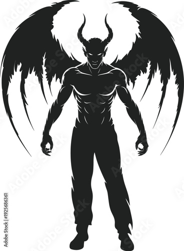 Demonic humanoid silhouette icon with wings, horns, and muscular fantasy horror theme - black vector illustration set