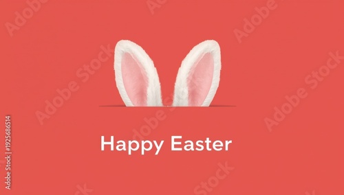 White fluffy bunny ears on red background with Happy Easter text pink