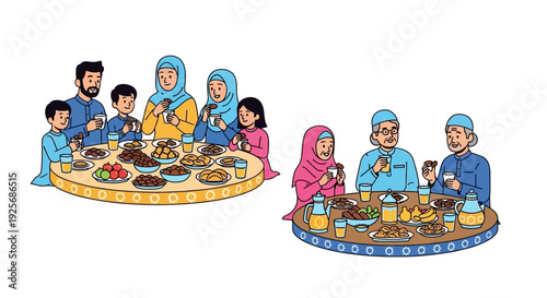 A family breaking their fast during Ramadan with a festive meal