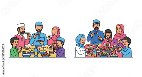 A family gathers around a table enjoying a shared meal together