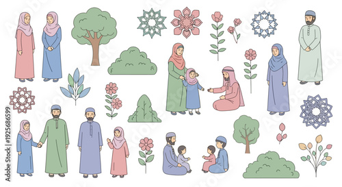 Islamic themed illustrations featuring people trees and floral patterns