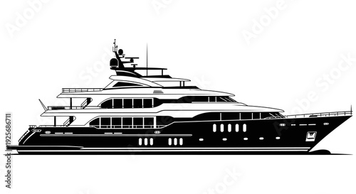 Stylized black and white illustration of a large modern luxury yacht at sea
