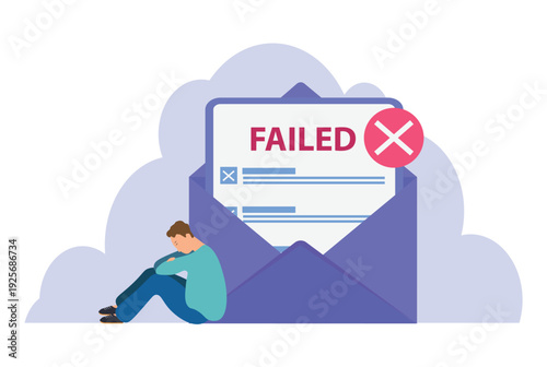 Business Failure Concept. Person Sitting in Stress Beside Large Envelope Showing Failed Message