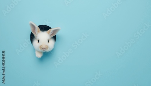 White rabbit peeking through black circle on light blue background easter