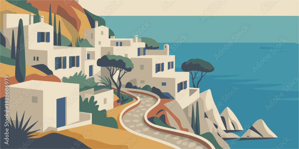 Fototapeta premium Stylized flat illustration of Mediterranean hillside village with white houses, blue shutters and calm sea in warm earthy tones.
