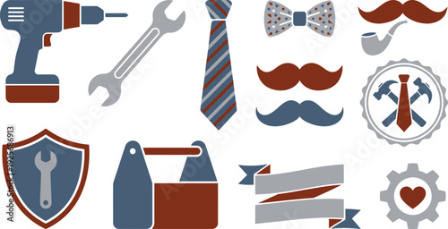 Father's Day Handyman Icons - Power Drill, Wrench and Vintage Mustache Vector Set