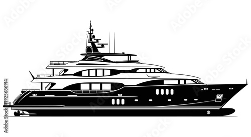 Black and white illustration of a large modern luxury yacht at sea