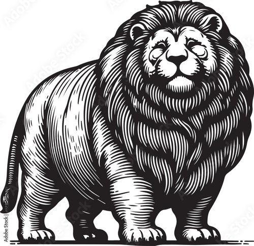 Fat overweight body positive chubby lion with a prominent mane, showcasing vintage art style and majestic appearance sketch engraving generative ai PNG illustration. Scratch board. Black and white