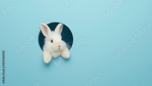 White rabbit peeking through round hole in light blue background easter bunny
