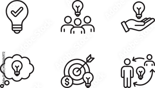 A set of black line icons representing business ideas and innovation concepts