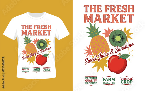 Vintage Fresh Market Fruit T-Shirt Design with Retro Typography and Organic Produce Badges