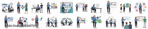 Flat Style People in Business Presentation Meeting and Teamwork Illustration Set