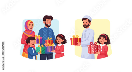 Muslim families celebrating with gifts likely for eid or a special occasion