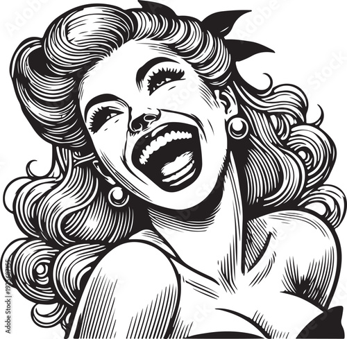 Crazy mad woman laughing joyfully with an expressive and dynamic pose sketch engraving generative ai fictional character vector illustration. Scratch board imitation. Black and white image