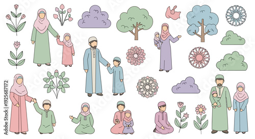 Colorful illustration depicting a muslim family and floral decorative elements