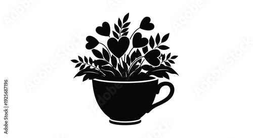 Floral arrangement in a teacup a striking black silhouette