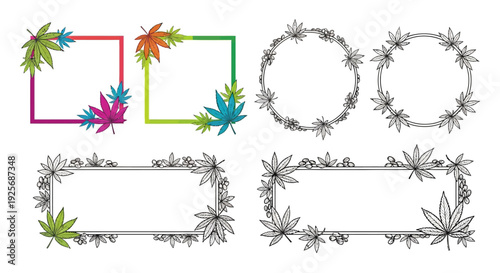 Colorful and monochrome frames decorated with maple leaves and floral elements
