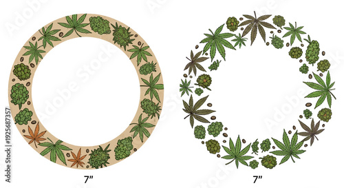 Two oval frames decorated with cannabis leaves and hops flowers