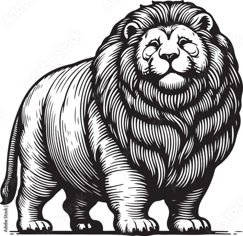 Fat overweight body positive chubby lion with prominent mane, showcasing vintage art style and majestic appearance sketch engraving generative ai raster illustration. Scratch board. Black and white