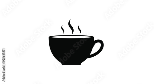 Simple black silhouette of a steaming coffee cup against white background