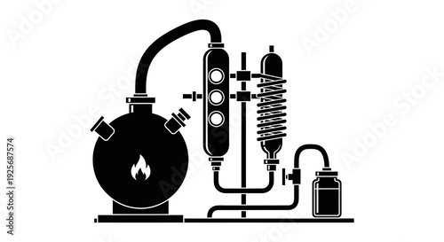 Detailed illustration of a laboratory distillation apparatus with a flask and condenser
