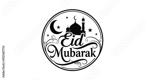 Circular eid mubarak design with mosque and crescent moon silhouette
