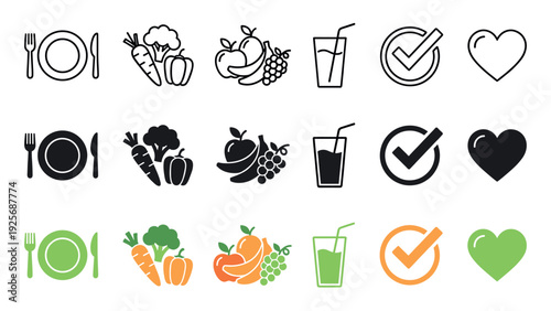 Collection of healthy eating icons showing food, nutrition, and wellness concepts in three distinct styles: simple line art, solid black silhouette, and flat color vector graphic