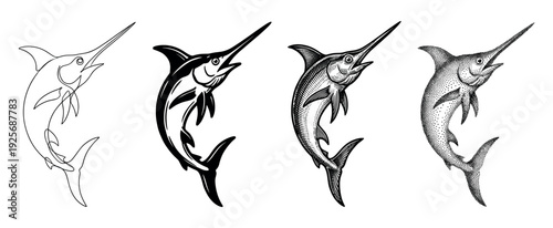 Four black and white swordfish illustrations showcasing different artistic techniques, including minimalist line art, a bold silhouette, vintage engraving, and modern stippling