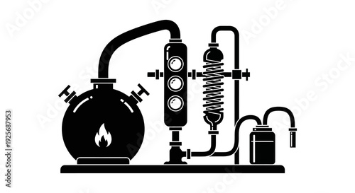 Black and white illustration of a scientific distillation apparatus with a flame