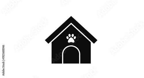 Simple black dog house icon with paw print a striking silhouette