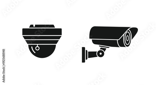 Two security cameras depicted in a minimalist black silhouette