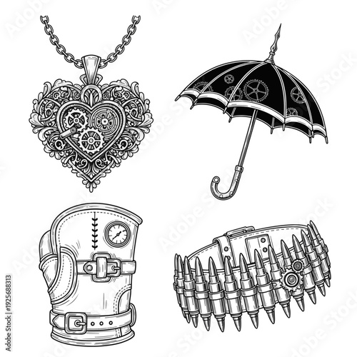 Steampunk Themed Vintage Accessories Featuring Heart Gears Umbrella Gauntlet and Bullet Bracelet Illustration