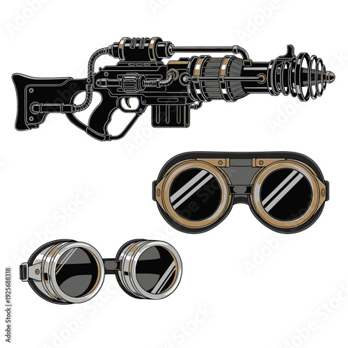 Steampunk Retrofuturistic Illustration Featuring a Raygun Weapon and Two Pairs of Vintage Goggles
