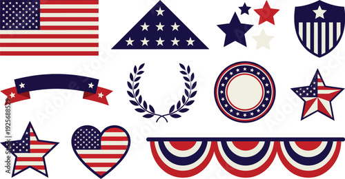Respectful patriotic themed illustrations with flag shield laurel wreath stars in deep indigo bright red off white for Memorial Day honor branding design