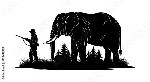 A vintage style illustration depicting a hunter and a large african elephant