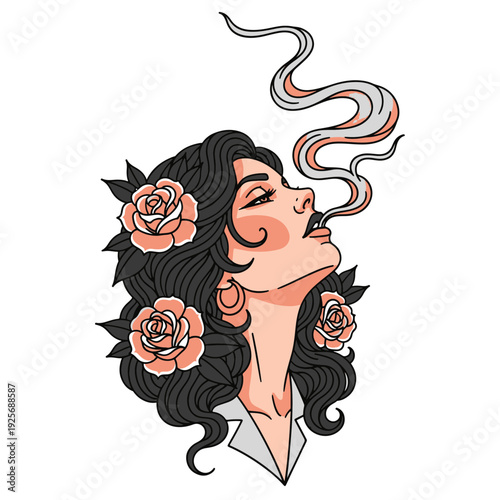 Woman Exhaling Smoke with Roses in Her Dark Wavy Hair an Elegant Vintage Illustration