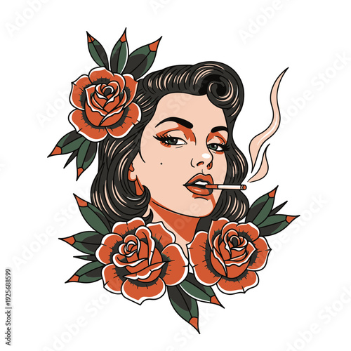 Pinup Woman Portrait Illustration Smoking a Cigarette Framed by Beautiful Red Roses