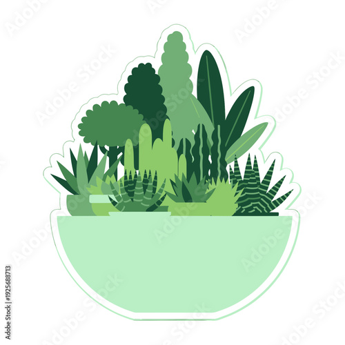 Plant Green Terrarium Illustration Featuring a Collection of Various Succulents and Cacti Plants