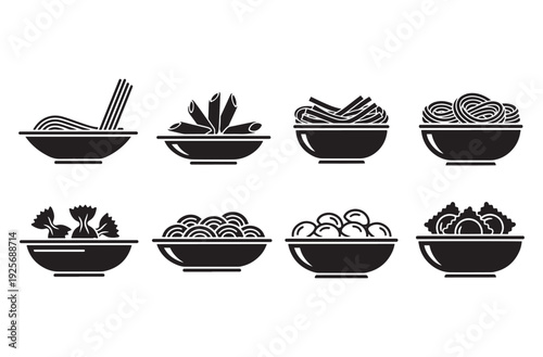 Collection of flat black icons representing different types of pasta and noodles served in bowls with chopsticks for a modern culinary design