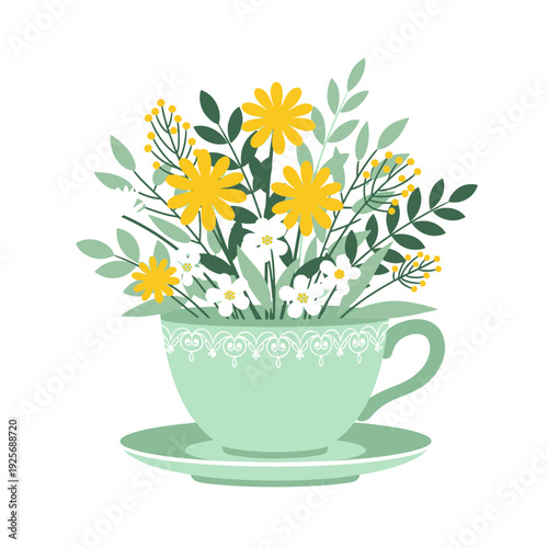 Floral Arrangement in a Charming Light Green Teacup with Yellow and Black Flowers