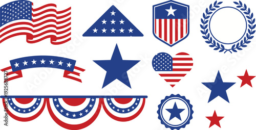 Clean Memorial Day elements with flowing flag shield laurel ribbon in royal blue scarlet white for sophisticated patriotic branding design