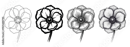 Set of four black flower illustrations showcasing different artistic styles like continuous line art, bold outline, classic engraving, and dotwork stippling