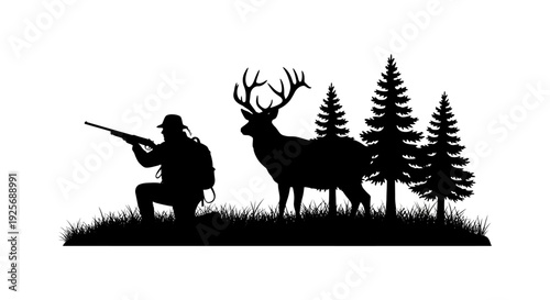 Silhouette of a hunter aiming at a majestic stag in a forest scene