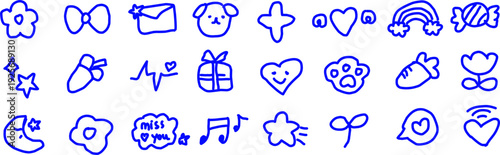 Cute blue outline icon set featuring hearts, gifts, stars, rainbow, envelope and playful symbols arranged in grid for UI, stickers and app design use