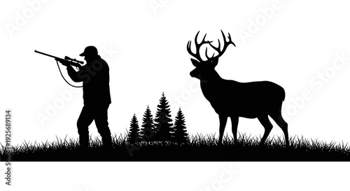 Silhouette of a hunter aiming a rifle at a majestic stag in a natural landscape