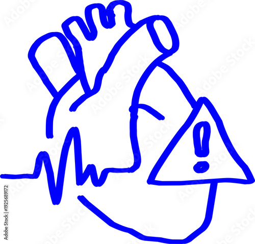Blue line icon of human heart with ECG pulse and warning sign representing cardiac health risk, medical alert, healthcare monitoring and emergency care