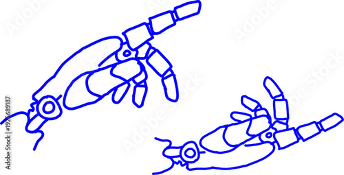 Blue line art illustration of robotic hands reaching toward each other symbolizing AI, technology, human machine interaction and futuristic innovation