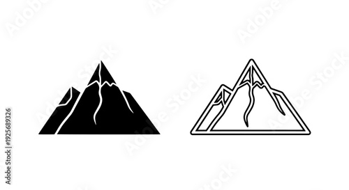 Jagged mountain peak icons, solid and line art, for adventurous themes